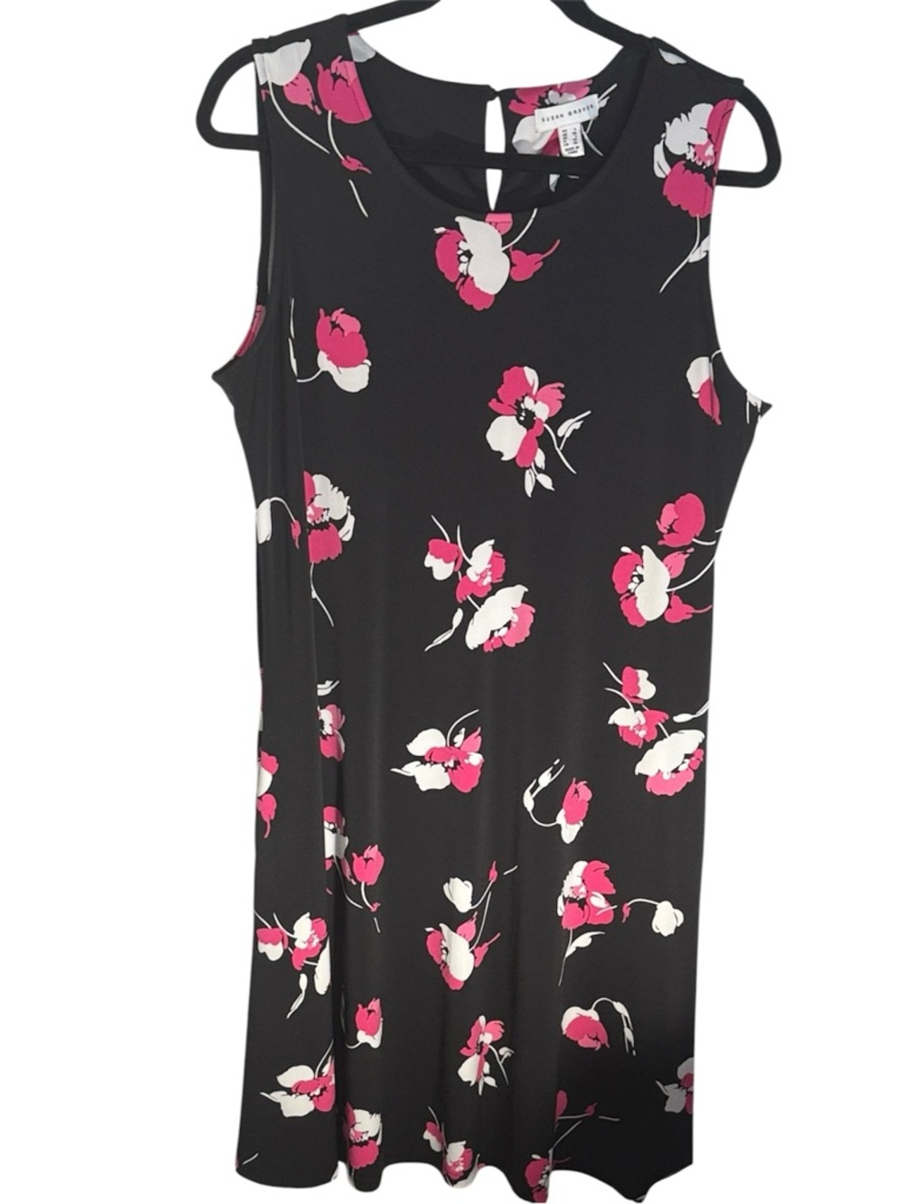 Susan Graver Midi Dress Black and Pink Floral Sleeves Liquid Knit Like New L